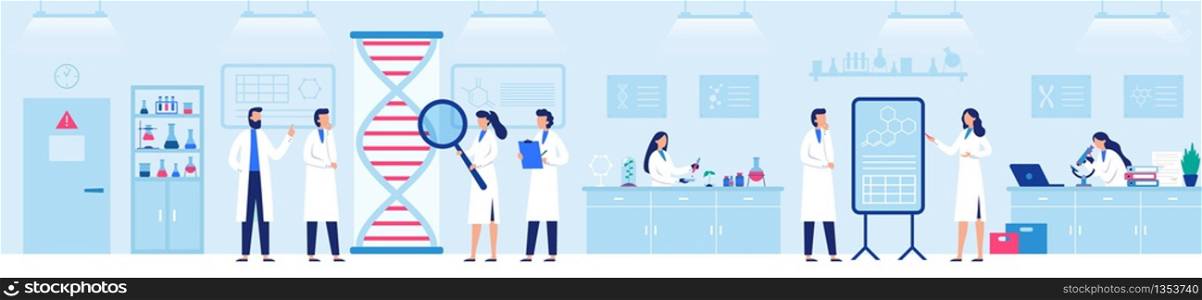 Genetic research laboratory. Professional lab with scientists, genome and biological researches vector illustration. Laboratory research and medicine biotechnology. Genetic research laboratory. Professional lab with scientists, genome and biological researches vector illustration