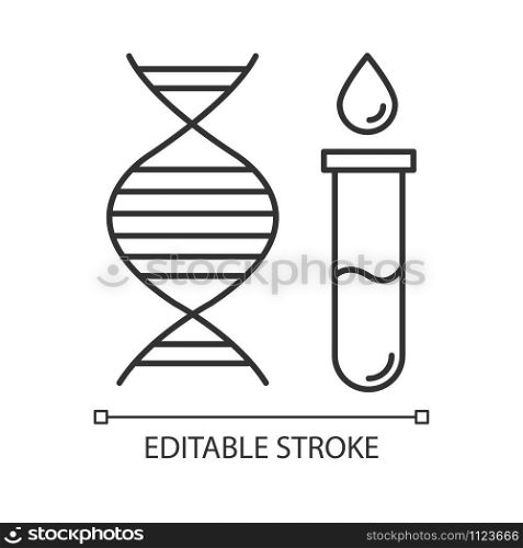 Genetic testing linear icon. DNA examination. Blood in vial. Medical procedure. Biochemistry. Chromosome, gene. Thin line illustration. Contour symbol. Vector isolated outline drawing. Editable stroke