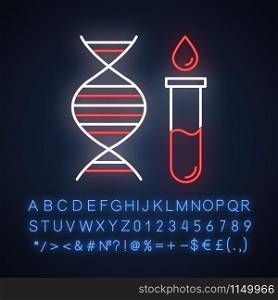 Genetic testing neon light icon. DNA examination. Blood in vial. Medical procedure. Biochemistry. Chromosome, gene helix. Glowing sign with alphabet, numbers and symbols. Vector isolated illustration