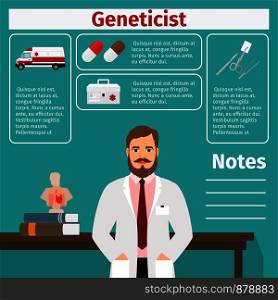 Geneticist and medical equipment icons with infographics elements for medical and pharmaceutical industry. Vector illustration. Geneticist and medical equipment icons