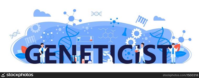 Geneticist concept vector for header website. Innovation, scientific research and online studying. Chemistry, medicine researcher are working. Scientists study microorganisms in microscope.. Geneticist concept vector for header website. Innovation, scientific research and online studying. Chemistry, medicine researchers are working. Scientists study microorganisms in microscope.