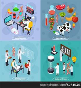 Genetics 2x2 Design Concept. Genetics 2x2 design concept with genetic experiments genetic engineering products with gmo and science future compositions flat vector illustration