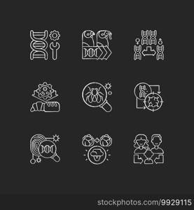 Genetics chalk white icons set on black background. Genetic engineering. Chromosome division. Selective breeding. Industrial biotechnology. Isolated vector chalkboard illustrations. Genetics chalk white icons set on black background