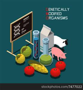Genetics isometric concept with genetically modified food and animals 3d vector illustration