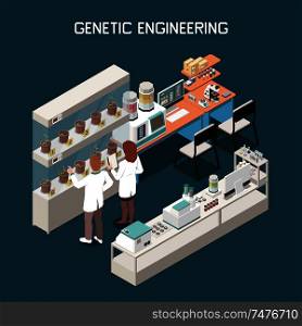 Genetics isometric concept with scientists and laboratory with equipment for genetic engineering 3d vector illustration