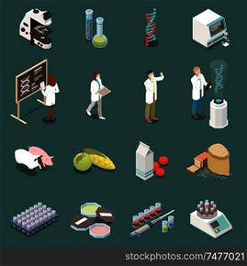 Genetics isometric icons set with scientists equipment food and animals 3d isolated vector illustration
