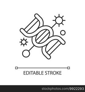 Genetics linear icon. Biotechnology research. DNA data analysis. Genetic engineering. Thin line customizable illustration. Contour symbol. Vector isolated outline drawing. Editable stroke. Genetics linear icon