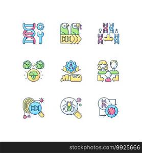 Genetics RGB color icons set. Genetic engineering. Chromosome division. Selective breeding. Industrial biotechnology. Heredity, human reproduction. Evolutionary genetics. Isolated vector illustrations. Genetics RGB color icons set