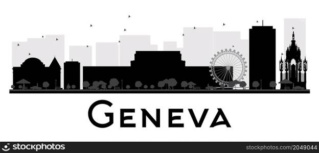 Geneva City skyline black and white silhouette. Vector illustration. Simple flat concept for tourism presentation, banner, placard or web site. Business travel concept. Cityscape with landmarks