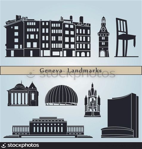 Geneva landmarks and monuments isolated on blue background in editable vector file