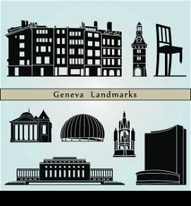 Geneva landmarks and monuments isolated on blue background in editable vector file