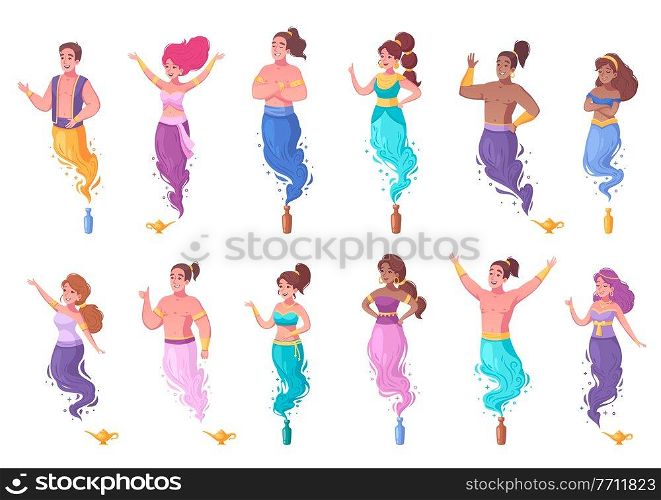 Genie characters icons set with helper symbols cartoon isolated vector illustration. Genie Characters Icons Set