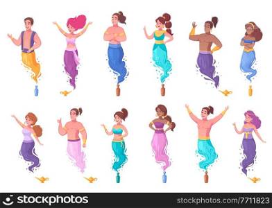 Genie characters icons set with helper symbols cartoon isolated vector illustration. Genie Characters Icons Set