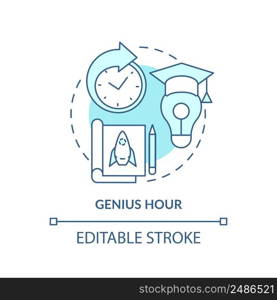 Genius hour turquoise concept icon. Work upon individual project. Education trend abstract idea thin line illustration. Isolated outline drawing. Editable stroke. Arial, Myriad Pro-Bold fonts use. Genius hour turquoise concept icon