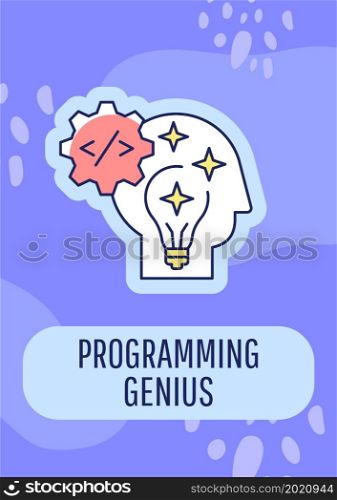 Genius programmer greeting card with color icon element. Regaining developer motivation. Postcard vector design. Decorative flyer with creative illustration. Notecard with congratulatory message. Genius programmer greeting card with color icon element