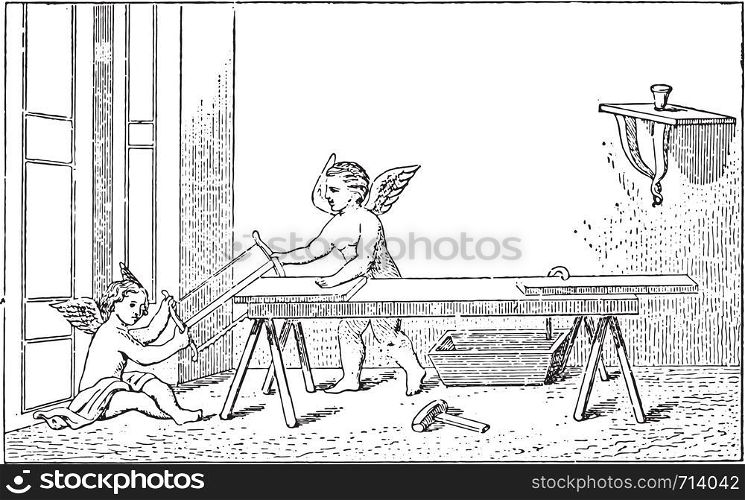 Geniuses carpenters, vintage engraved illustration.