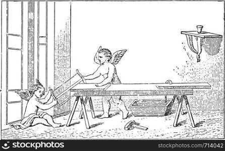 Geniuses carpenters, vintage engraved illustration.
