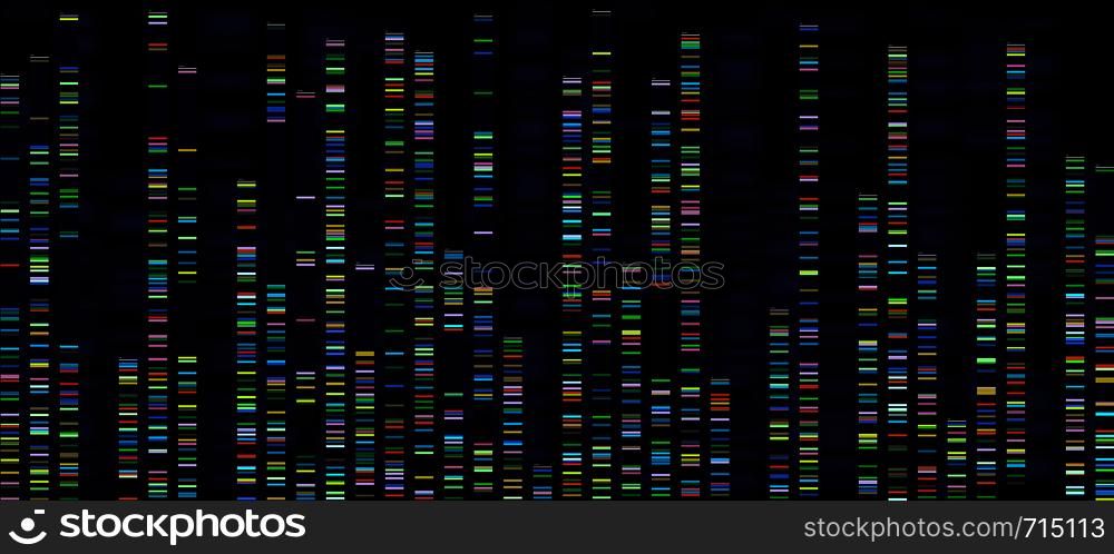 Genomic analysis visualization. Dna genomes sequencing, deoxyribonucleic acid genetic map and genome sequence analyse. Bioinformatics forensics data or dna radiographic testing vector concept. Genomic analysis visualization. Dna genomes sequencing, deoxyribonucleic acid genetic map and genome sequence analyse vector concept
