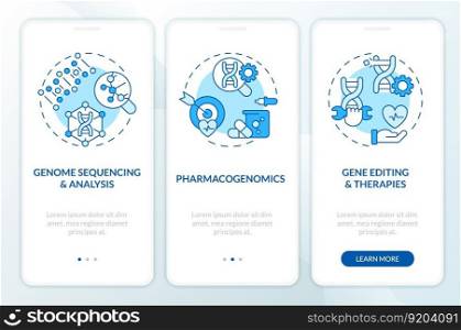 Genomic medicine blue onboarding mobile app screen. Genes study walkthrough 3 steps editable graphic instructions with linear concepts. UI, UX, GUI template. Myriad Pro-Bold, Regular fonts used. Genomic medicine blue onboarding mobile app screen