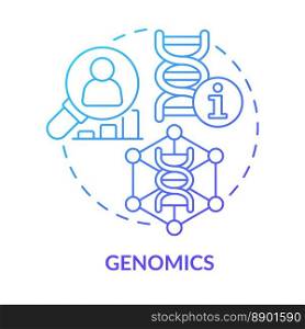 Genomics blue gradient concept icon. Human DNA and genes studying. Information technology trend abstract idea thin line illustration. Isolated outline drawing. Myriad Pro-Bold font used. Genomics blue gradient concept icon