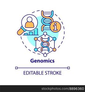 Genomics concept icon. DNA and genes studying. Information technology trend abstract idea thin line illustration. Isolated outline drawing. Editable stroke. Arial, Myriad Pro-Bold fonts used. Genomics concept icon