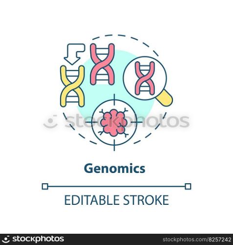 Genomics concept icon. Identifying genetic variations. Prevention of potential diseases risk. Precision medicine factor abstract idea thin line illustration. Isolated outline drawing. Editable stroke. Genomics concept icon