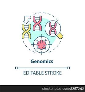 Genomics concept icon. Identifying genetic variations. Prevention of potential diseases risk. Precision medicine factor abstract idea thin line illustration. Isolated outline drawing. Editable stroke. Genomics concept icon