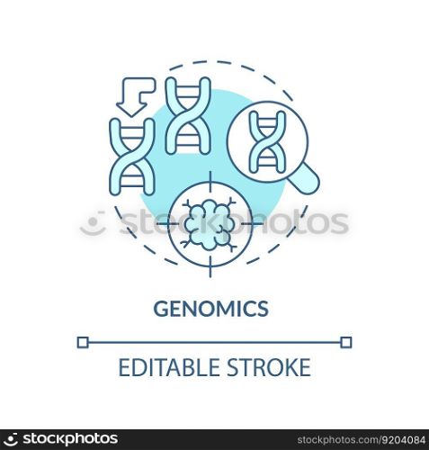 Genomics turquoise concept icon. Identifying genetic variations. Prevention of diseases risk. Precision medicine factor abstract idea thin line illustration. Isolated outline drawing. Editable stroke. Genomics turquoise concept icon