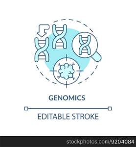 Genomics turquoise concept icon. Identifying genetic variations. Prevention of diseases risk. Precision medicine factor abstract idea thin line illustration. Isolated outline drawing. Editable stroke. Genomics turquoise concept icon