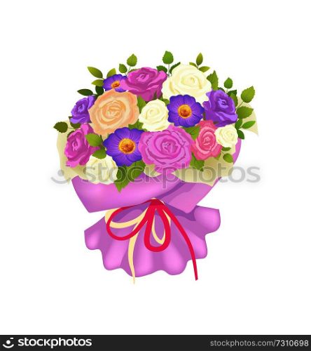 Gentle bouquet of rose and daisy flowers in decorative wrapping with bow vector illustration blooming flower present on Womens day or birthday isolated. Gentle Bouquet of Rose and Daisy Flowers Wrapping