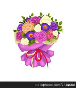 Gentle bouquet of rose and daisy flowers in decorative wrapping with bow vector illustration blooming flower present on Womens day or birthday isolated. Gentle Bouquet of Rose and Daisy Flowers Wrapping