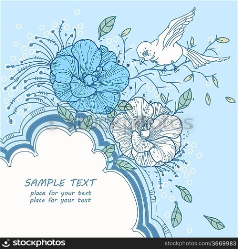 gentle floral frame with blooming flowers and a white bird