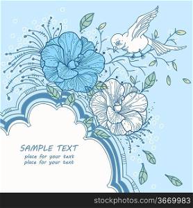 gentle floral frame with blooming flowers and a white bird