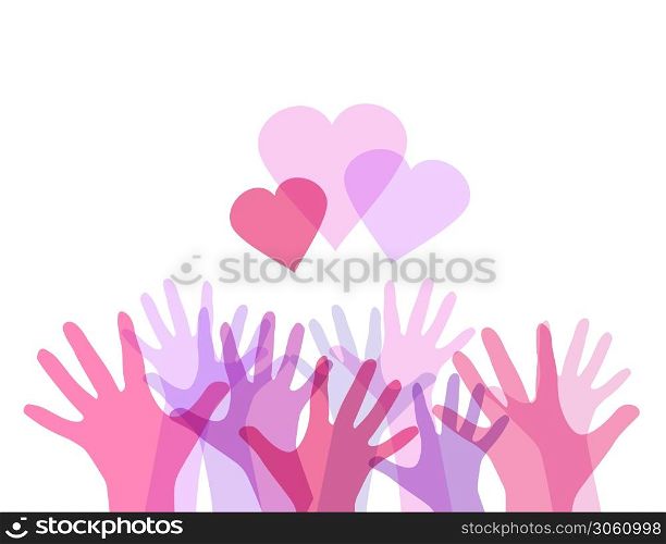 Gentle illustration of color transparent human hands with hearts. International day of friendship and kindness. The unity of people. Vector element for card, invitation, template and your creativity.. Gentle illustration of color transparent human hands with hearts. International day of friendship and kindness. The unity of people. Vector element