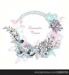 Gentle romantic frame with birds and flowers vector illustration