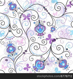 Gentle seamless spring pattern with vivid flowers and transparent butterflies (vector EPS 10)