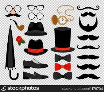 Gentleman accessories. Vintage man cylinder hat and bow tie, mustache, umbrella walking stick and spectacles vector illustration isolated on transparent. Gentleman vintage accessories