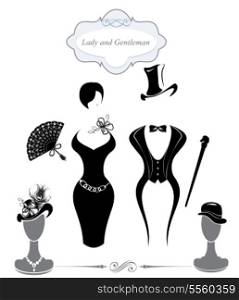 Gentleman and Lady symbols, vintage style, black and white silhouette.
