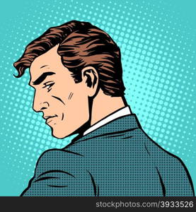 gentleman businessman looks back pop art retro style. A man in profile. gentleman businessman looks back