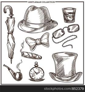 Gentleman clothes and accessories vector sketch icons collection. Retro isolated set of gentlemen classic club cylinder hat, umbrella and bow tie, whiskey glass and cigar or smoking pipe and glasses. Gentleman clothes and men club accessories vector sketch icons