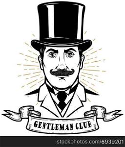 Gentleman club. Man head in vintage hat. Design element for logo, label, emblem, sign, poster, label. Vector illustration