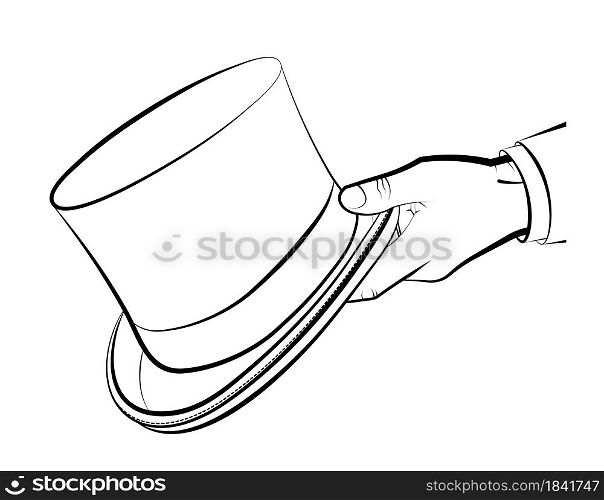 gentleman hand holds a top hat, cylinder. Clothes of a wizard, illusionist. Vector on white background