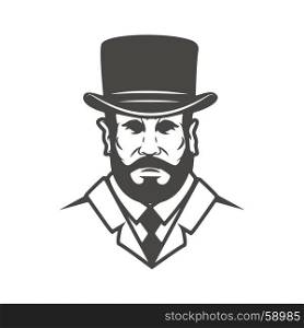 Gentleman head isolated on white background. Design element for label, brand mark, sign, poster. Vector illustration