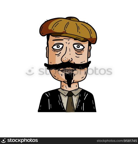 Gentleman in hand-drawn style. Male character. Sketch and cartoon of man in cap and with beard.