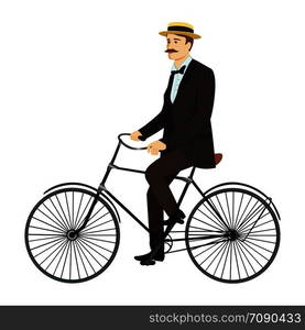 Gentleman on retro vintage old bicycle vector illustration isolated on white. Gentleman on retro vintage old bicycle vector illustration