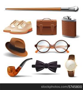 Gentleman realistic accessories decorative icons set with cane shoes smoking pipe isolated vector illustration