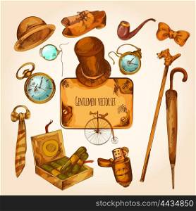 Gentleman sketch colored set with vintage fashion accessories isolated vector illustration. Gentleman Sketch Colored Set