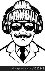 Gentleman with headphones and sun glases.Design element for poster, t shirt, card. Vector illustration