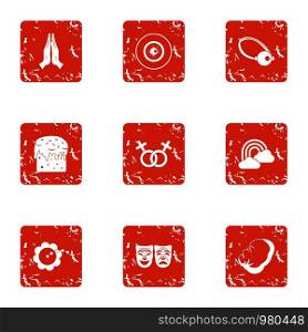 Gentleness icons set. Grunge set of 9 gentleness vector icons for web isolated on white background. Gentleness icons set, grunge style