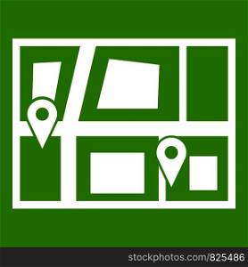 Geo location of taxi icon white isolated on green background. Vector illustration. Geo location of taxi icon green